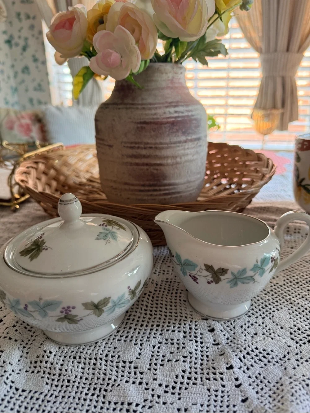 Vintage Fine China of Japan Grapevine Sugar Bowl & Creamer Set 6701 Platinum